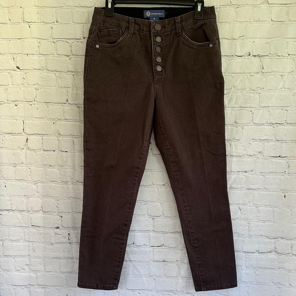 Democracy Ab Solution High-Rise Button-Fly Ankle Jeans — Dark Brown Size 6